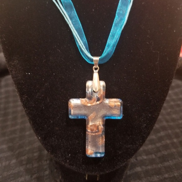 Blue & Copper Swirl Cross on Teal Ribbon - Picture 1 of 3